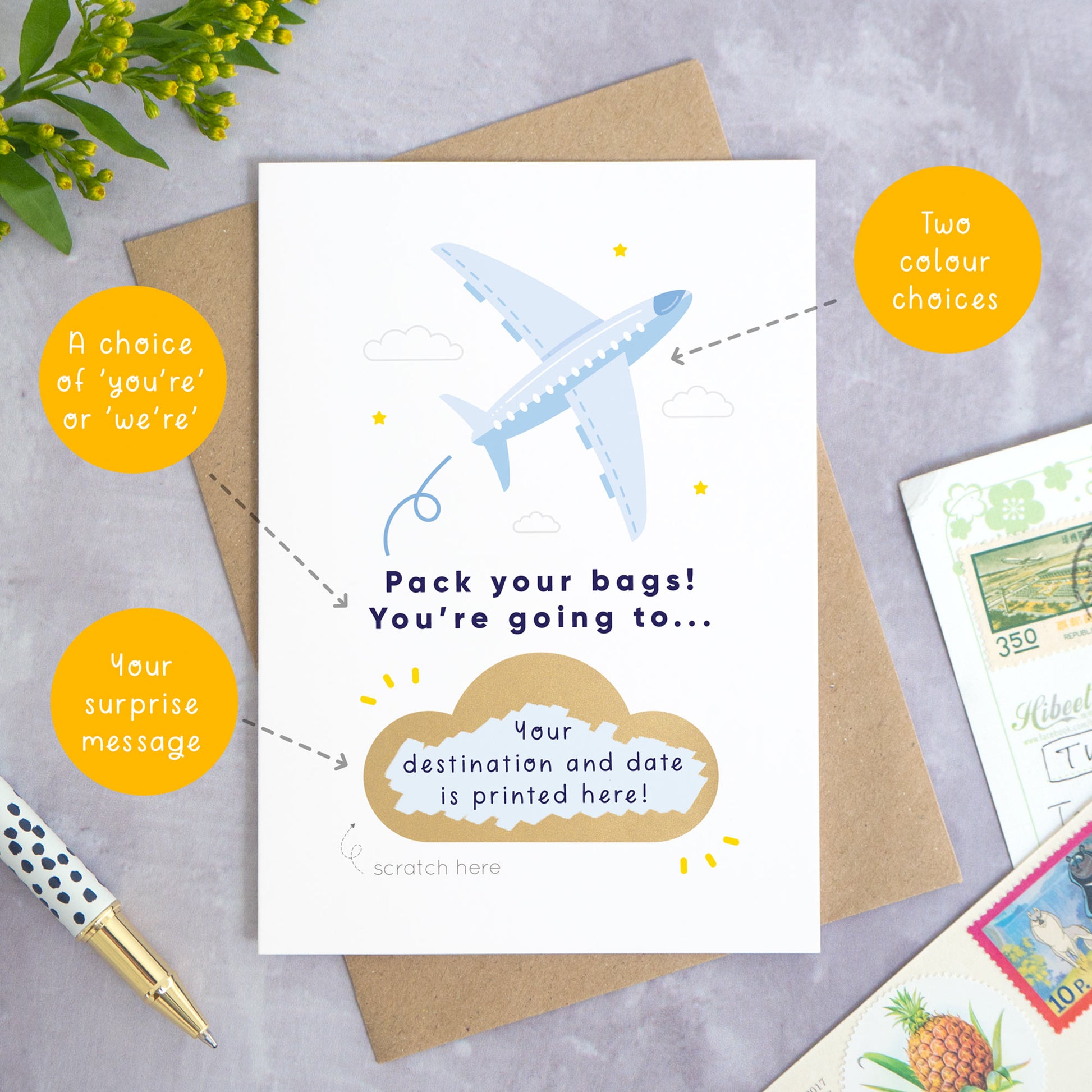A personalised aeroplane holiday announcement scratch card photographed on a grey concrete background with greenery, a pen and postcards around the edge. The card is set upon a kraft brown envelope. The card is in the blue colour palette and the cloud has been scratched off to reveal a custom message. The yellow circles are pointing to areas of the card that can be changed. E.g colour, wording and scratch off message.