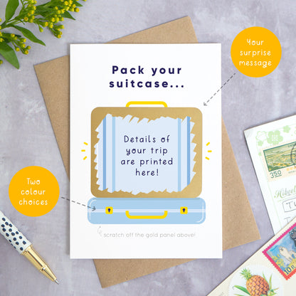 A personalised suitcase travel plans reveal scratch card shot on a grey concrete surface surrounded by greenery, a pen and post cards. The card is the blue version and shows an example message that has been scratched off. The yellow circles demonstrate choices e.g. colour and message.