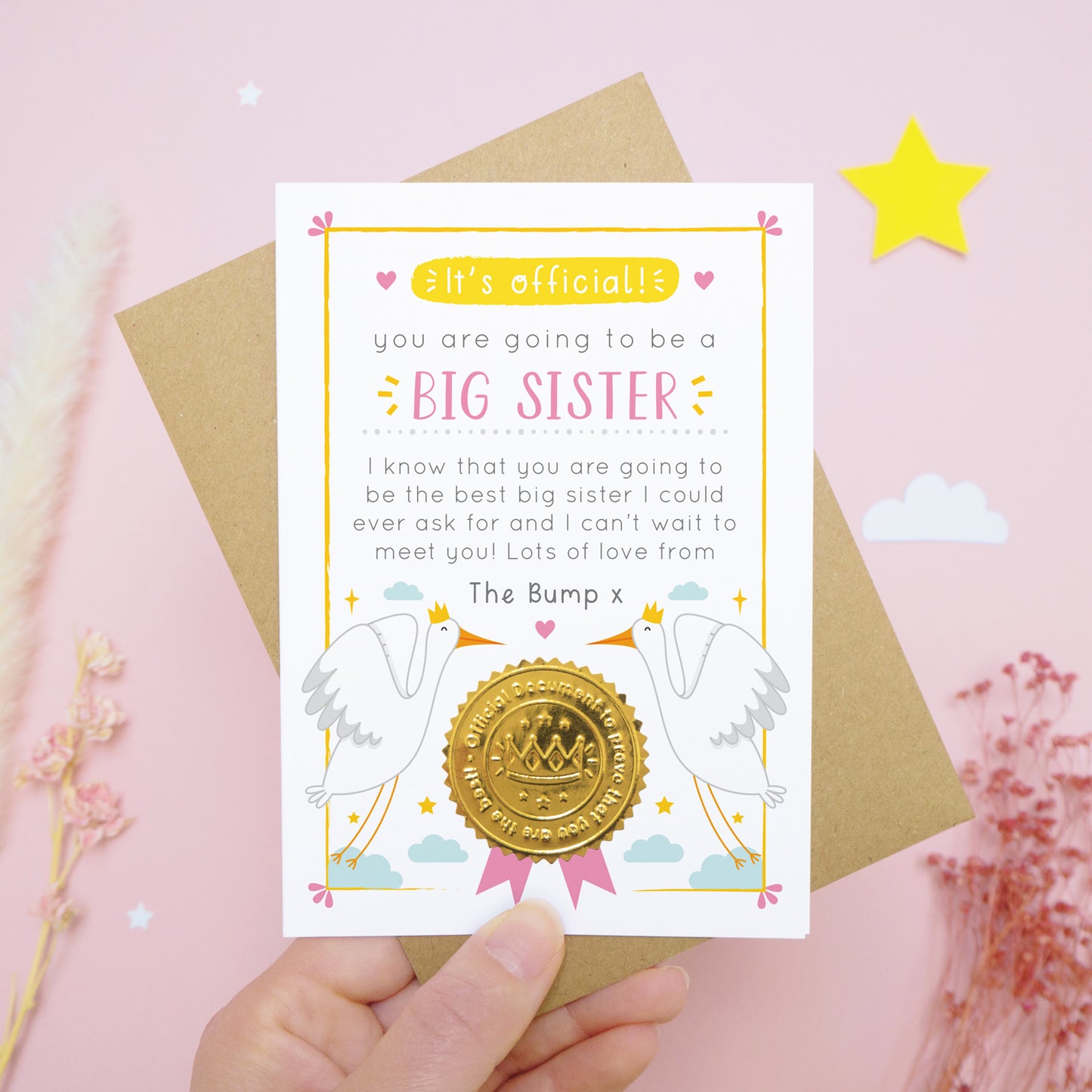 A big sister pregnancy announcement card featuring storks, clouds and a note from the bump. The card is being held over a pink background with dried flowers, stars and a cloud.