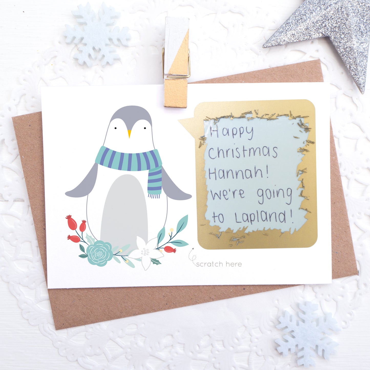 Personalised penguin christmas scratchcard with secret message