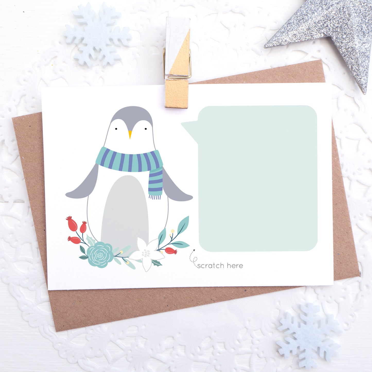 Personalised penguin christmas scratchcard with space to write your own secret message