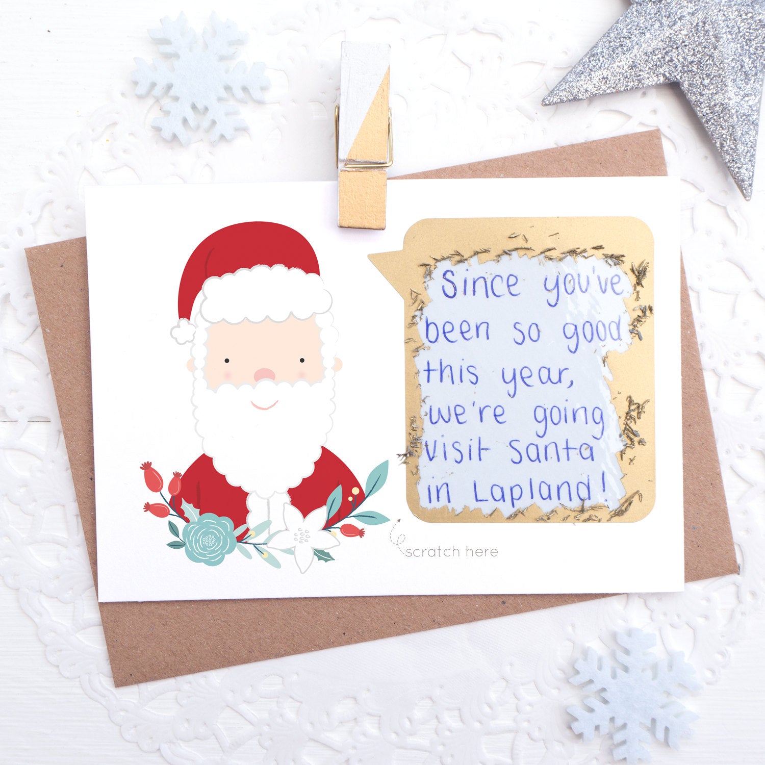 Personalised christmas message scratch and reveal card featuring father christmas