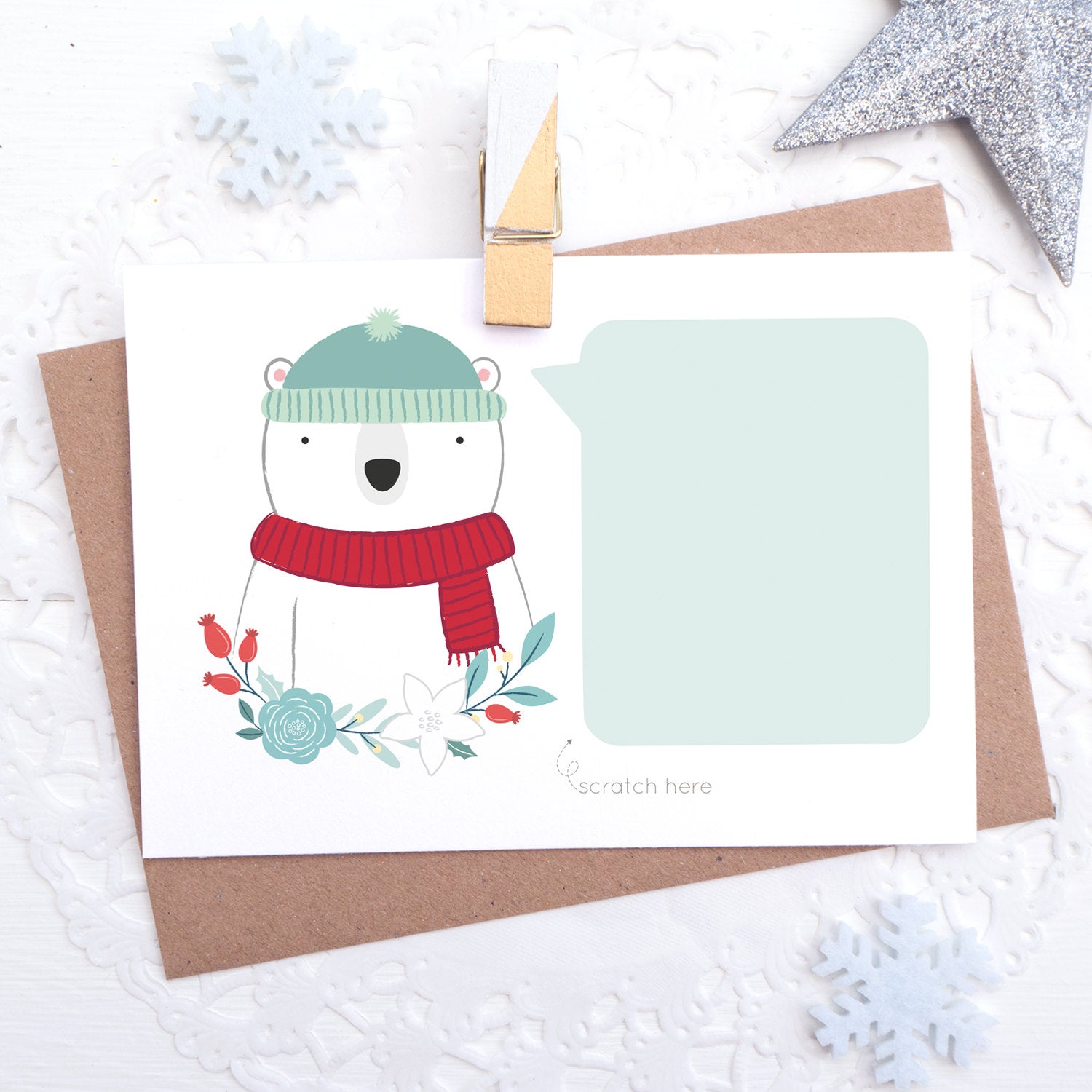 Personalised polar bear christmas message scratch and reveal card with space for you to write