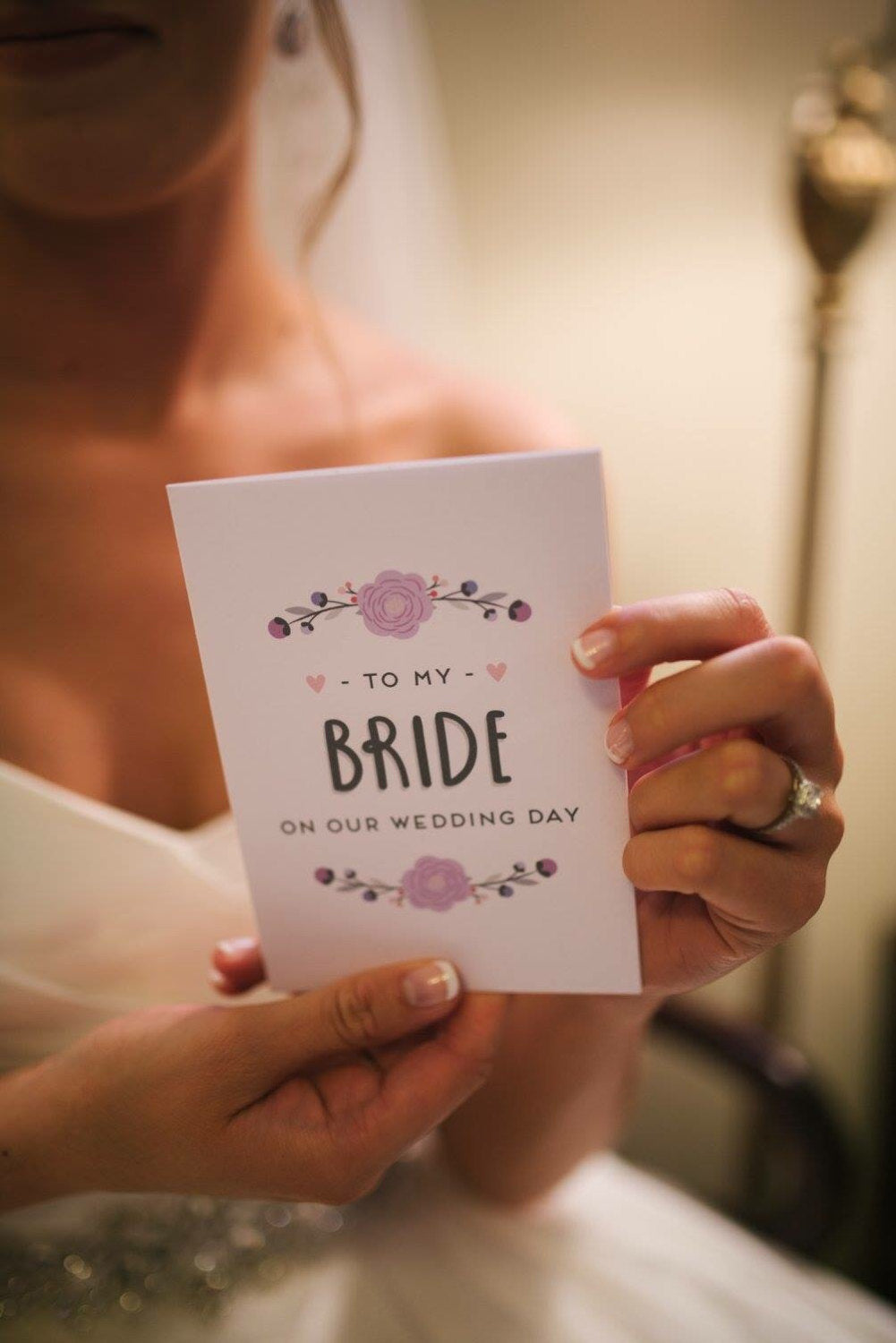 Customer photo of the 'To my bride on our wedding day' card in purple