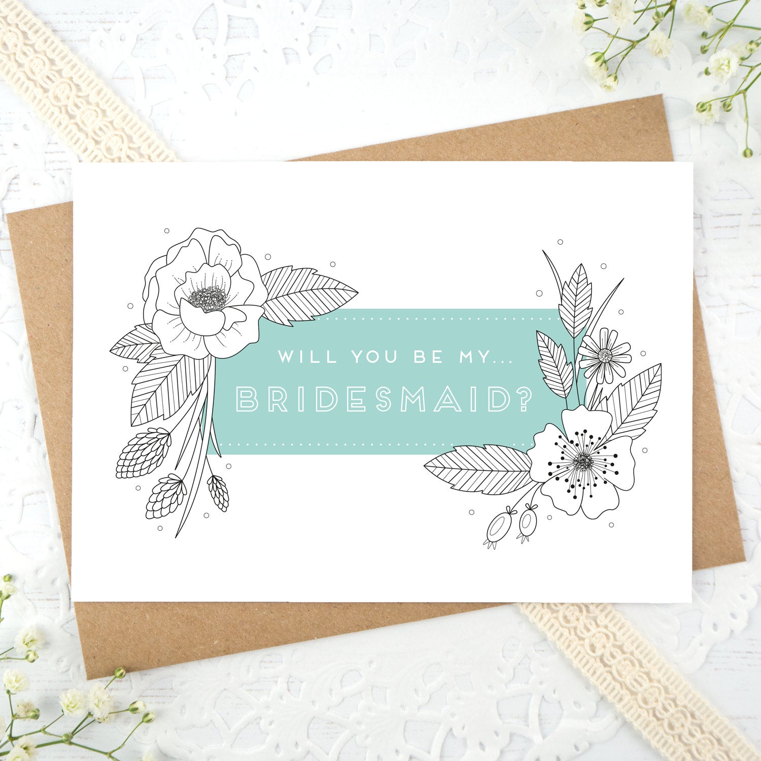 A floral outline, will you be my bridesmaid card in blue