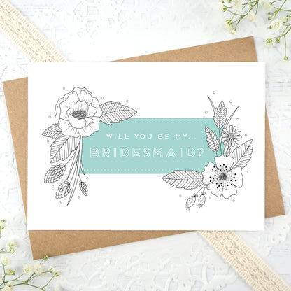 A floral outline, will you be my bridesmaid card in blue