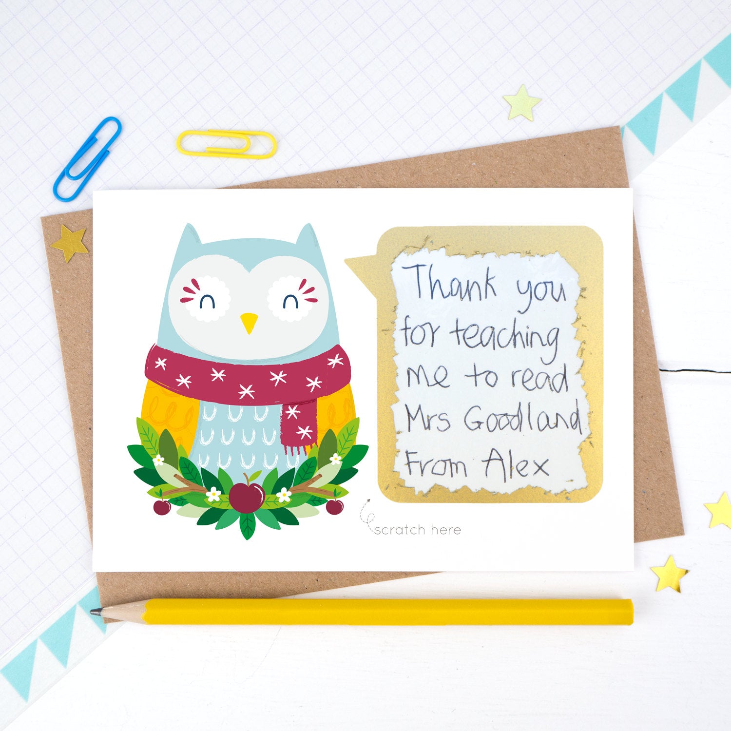 Thank you teacher scratchard with the owl in a scarf showing the scratched off secret message hand written by a child
