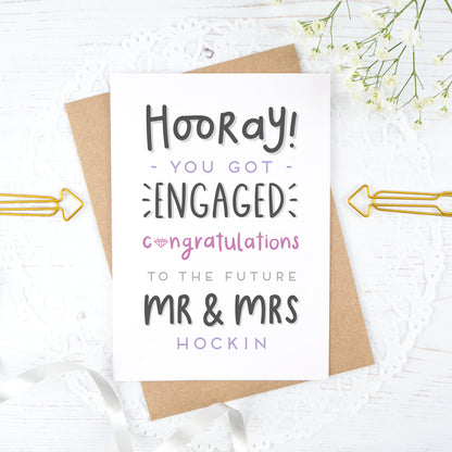 Hooray you got engaged! - Personalised Mr & Mrs engagement card in purple