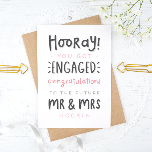 Hooray you got engaged! - Personalised Mr & Mrs engagement card in pink