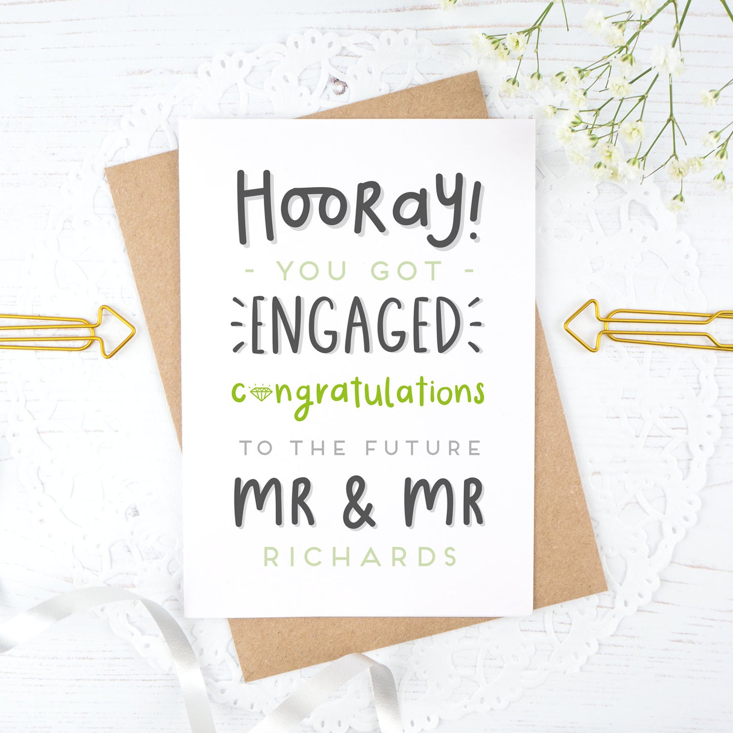 Hooray you got engaged! - Personalised Mr & Mr engagement card in green