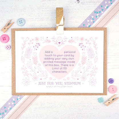 A just for you stepmum scratch and reveal mothers day card with a golden scratch off heart.