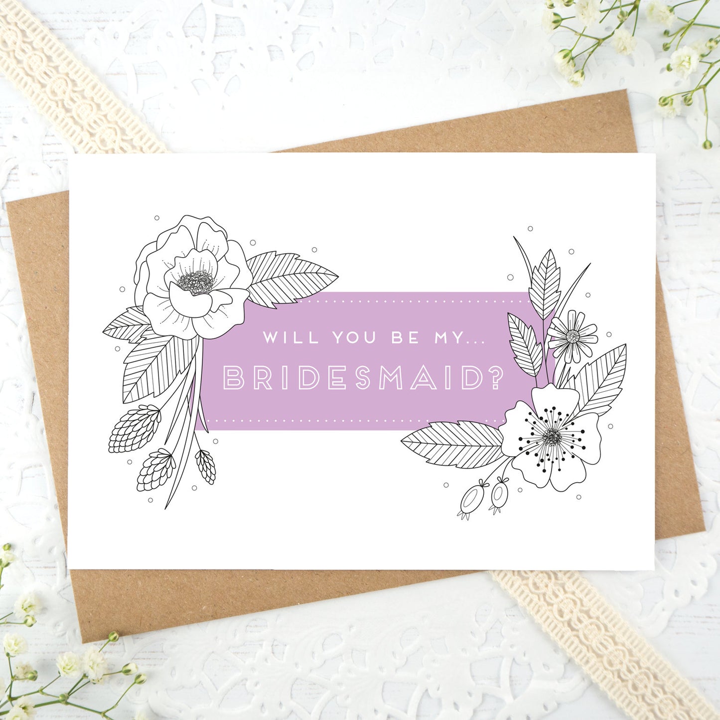A floral outline, will you be my bridesmaid card in purple
