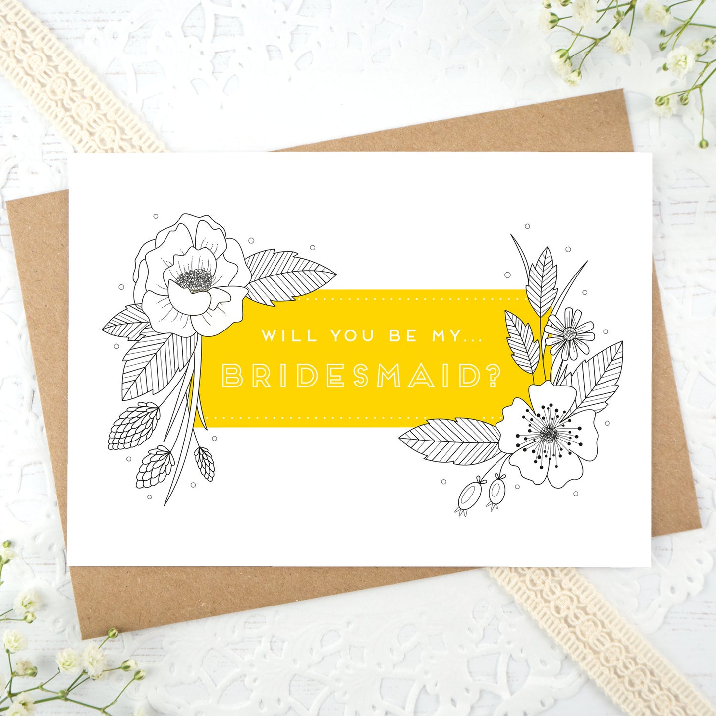 A floral outline, will you be my bridesmaid card in yellow