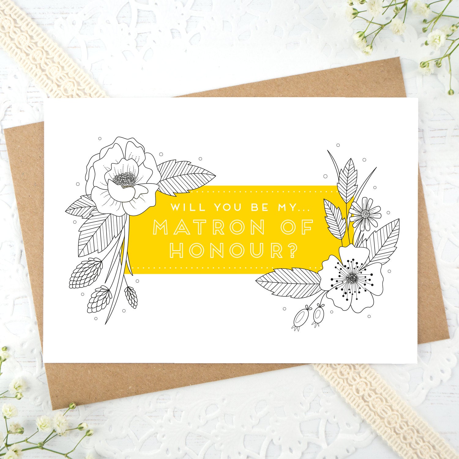 A floral outline, will you be my Maid of Honour card in yellow