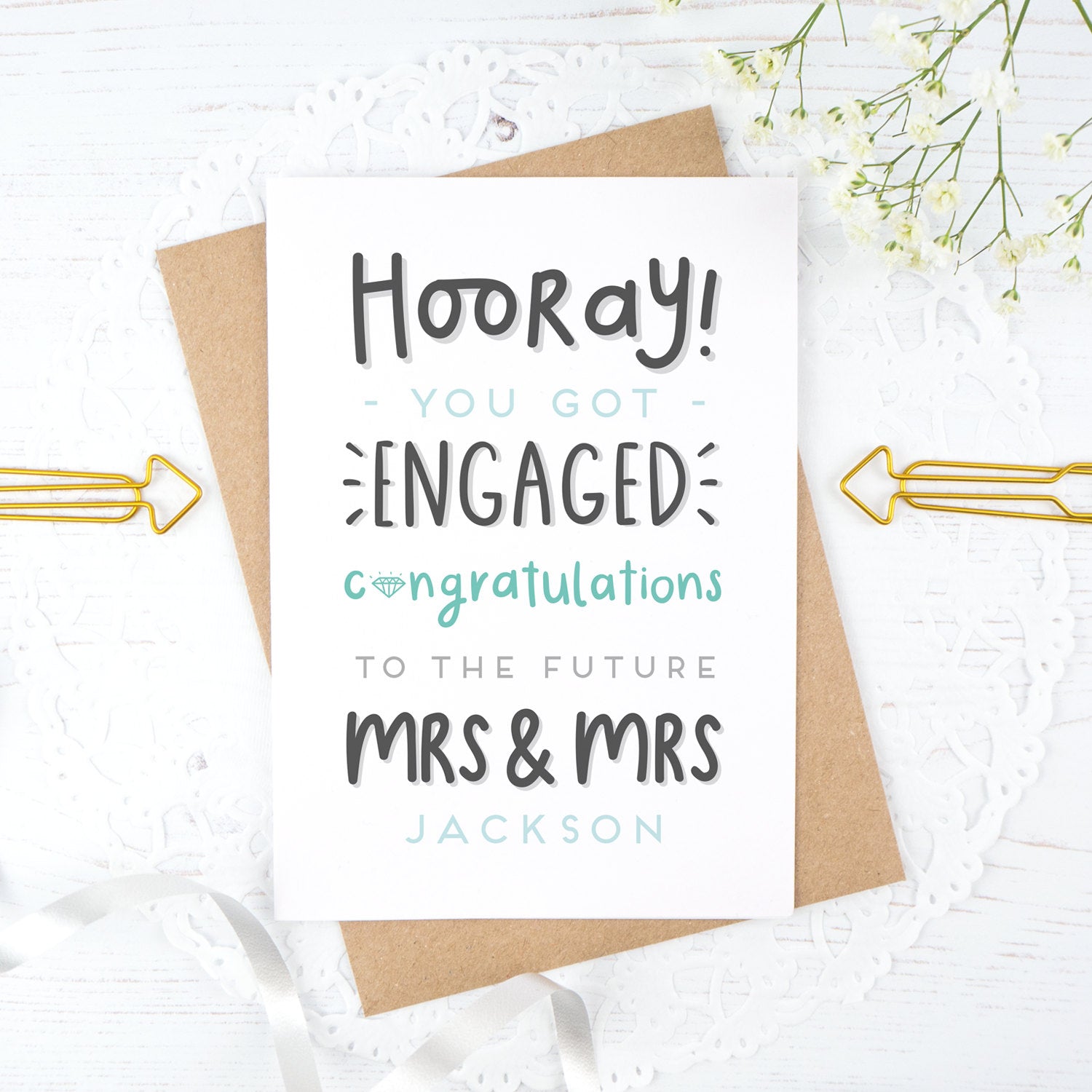 Hooray you got engaged! - Personalised Mrs & Mrs engagement card in blue