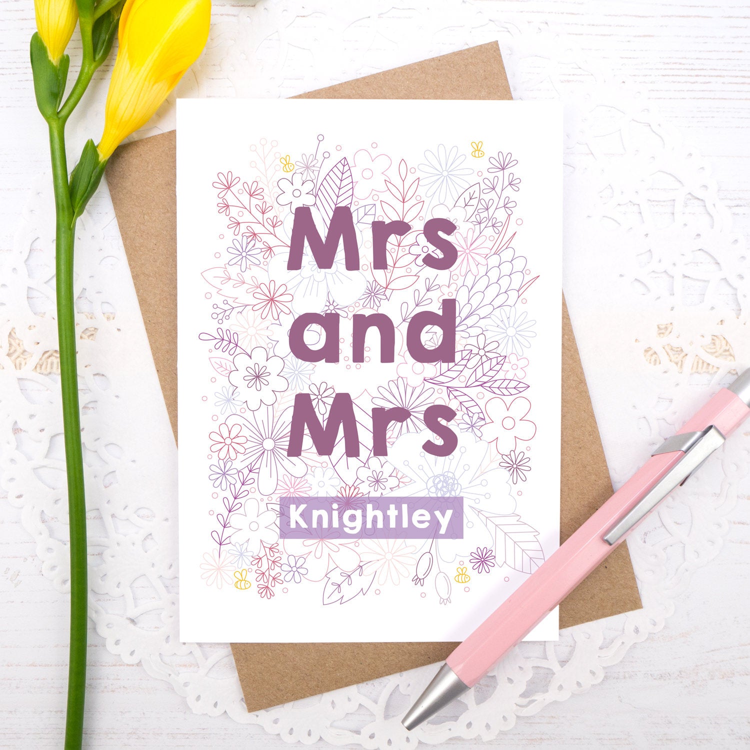 Personalised Mrs and Mrs happy couple card, suitable for weddings, civil partnerships or engagements