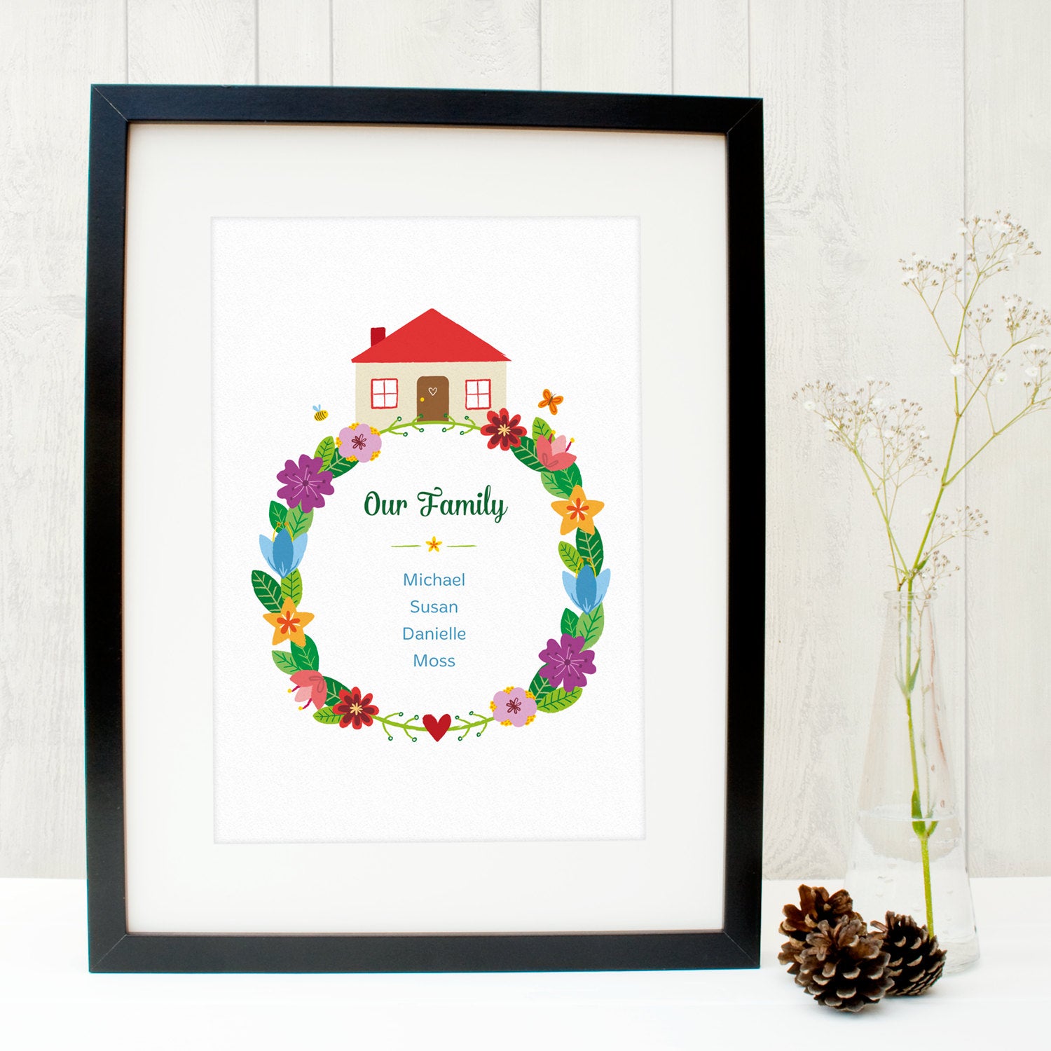 Personalised family wreath print with space for up to 6 names in rainbow colours