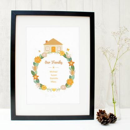 Personalised family wreath print with space for up to 6 names in orange