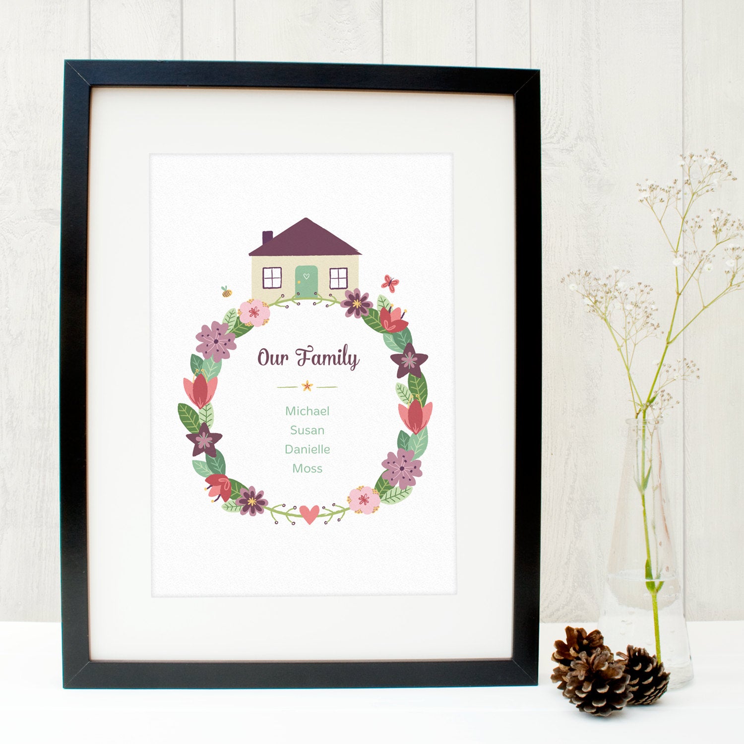 Personalised family wreath print with space for up to 6 names in purple