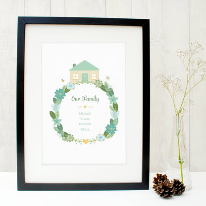 Personalised family wreath print with space for up to 6 names in blue and green
