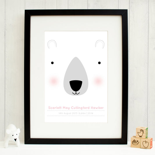 Personalised new baby print with polar bear, rosy cheeks and in the pink colour palette