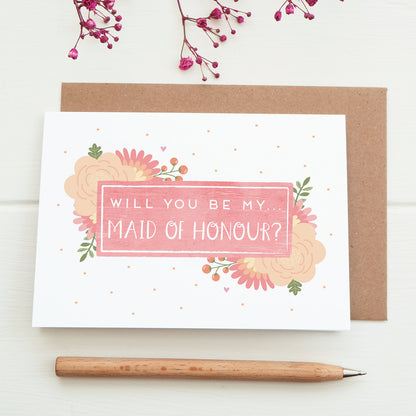 Will you be my maid of honour card in pink