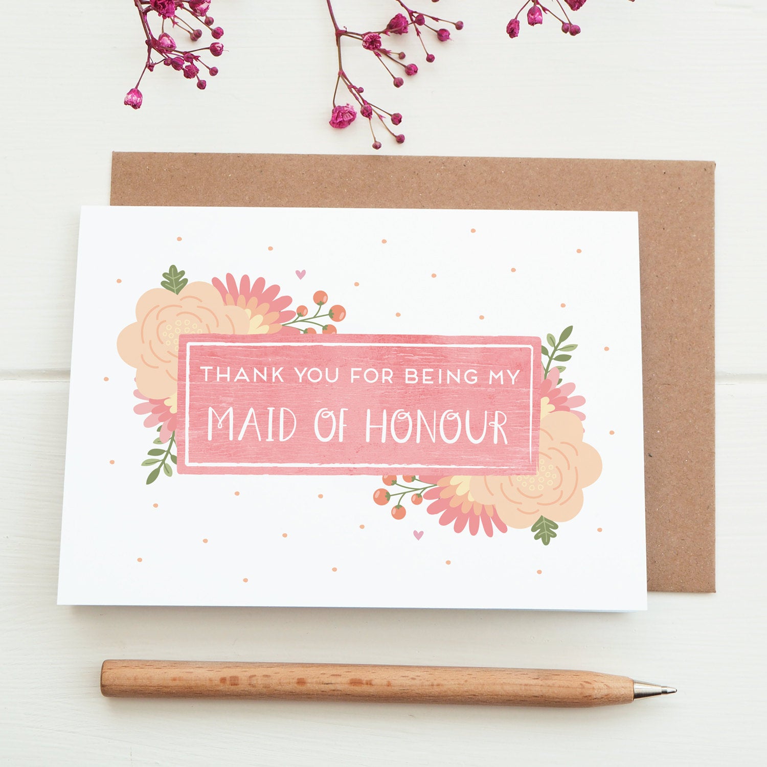 Thank you for being my maid of honour card in pink