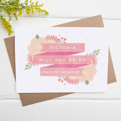 Personalised will you be my maid of honour card in pink