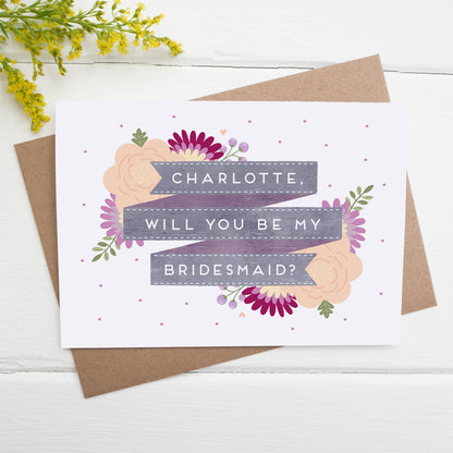 Personalised will you be my bridesmaid card in purple