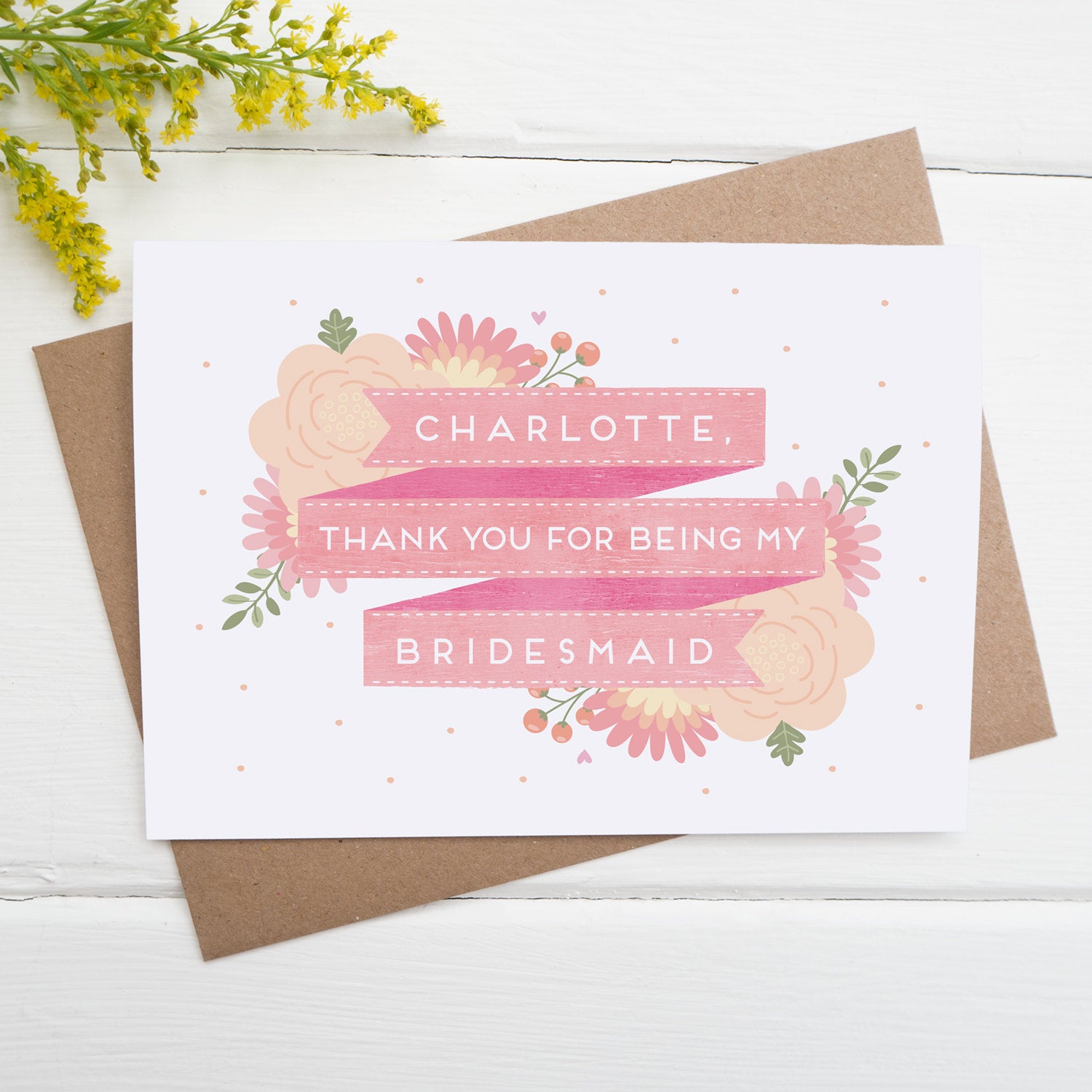 Personalised thank you for being my bridesmaid card in pink