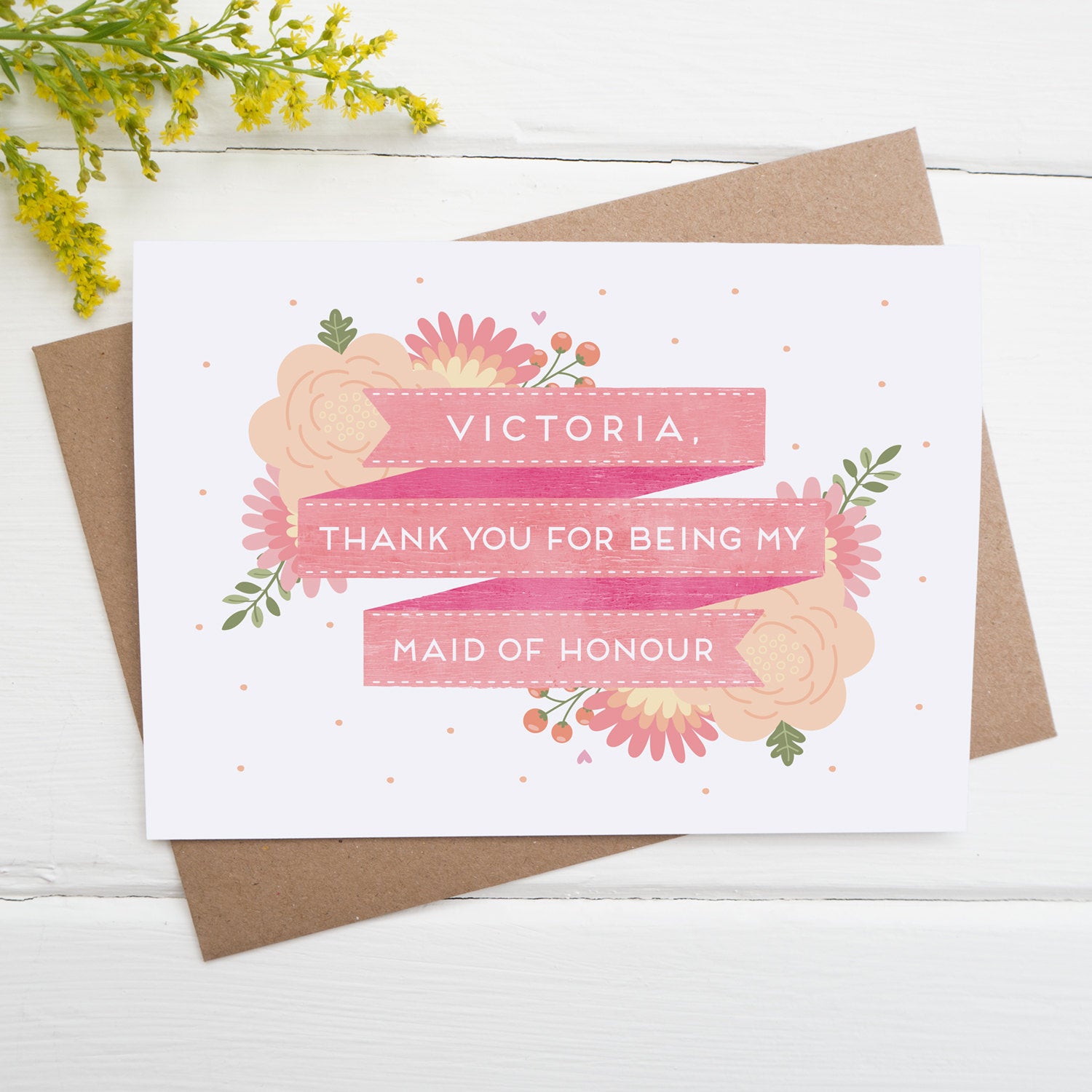 Personalised thank you for being my maid of honour card in pink