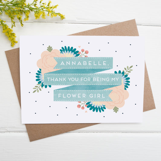 Personalised thank you for being my flower girl card in blue