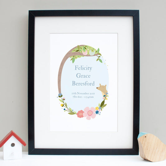 A personalised new baby woodland nursery print featuring birds and a deer