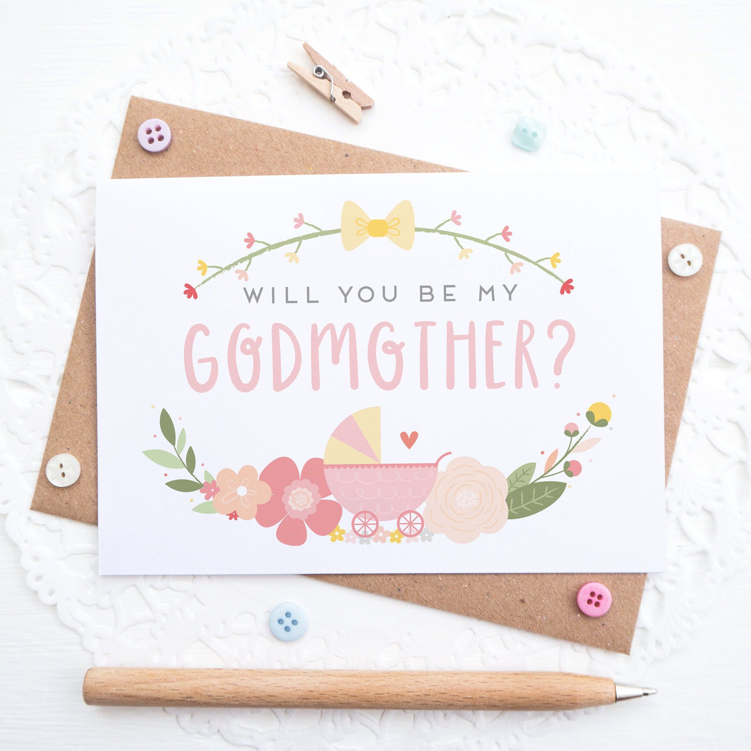 Will you be my Godmother card in pink