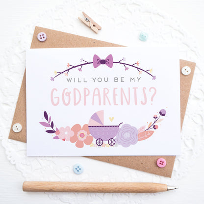 Will you be my Godparents card in purple