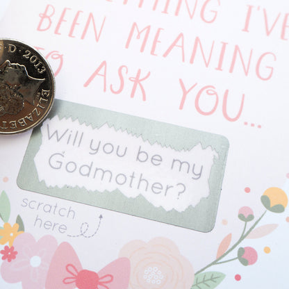 Will you be my Godmother scratch off card in pink close up