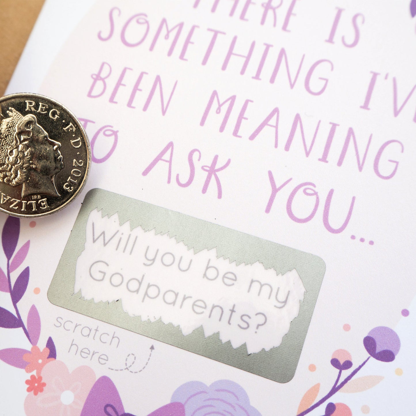 Will you be my Godparents scratch off card in purple close up