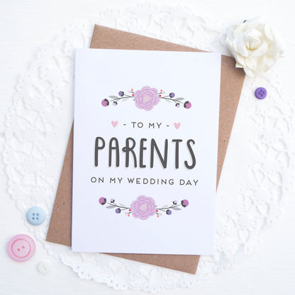 To my Parents on my wedding day card in purple