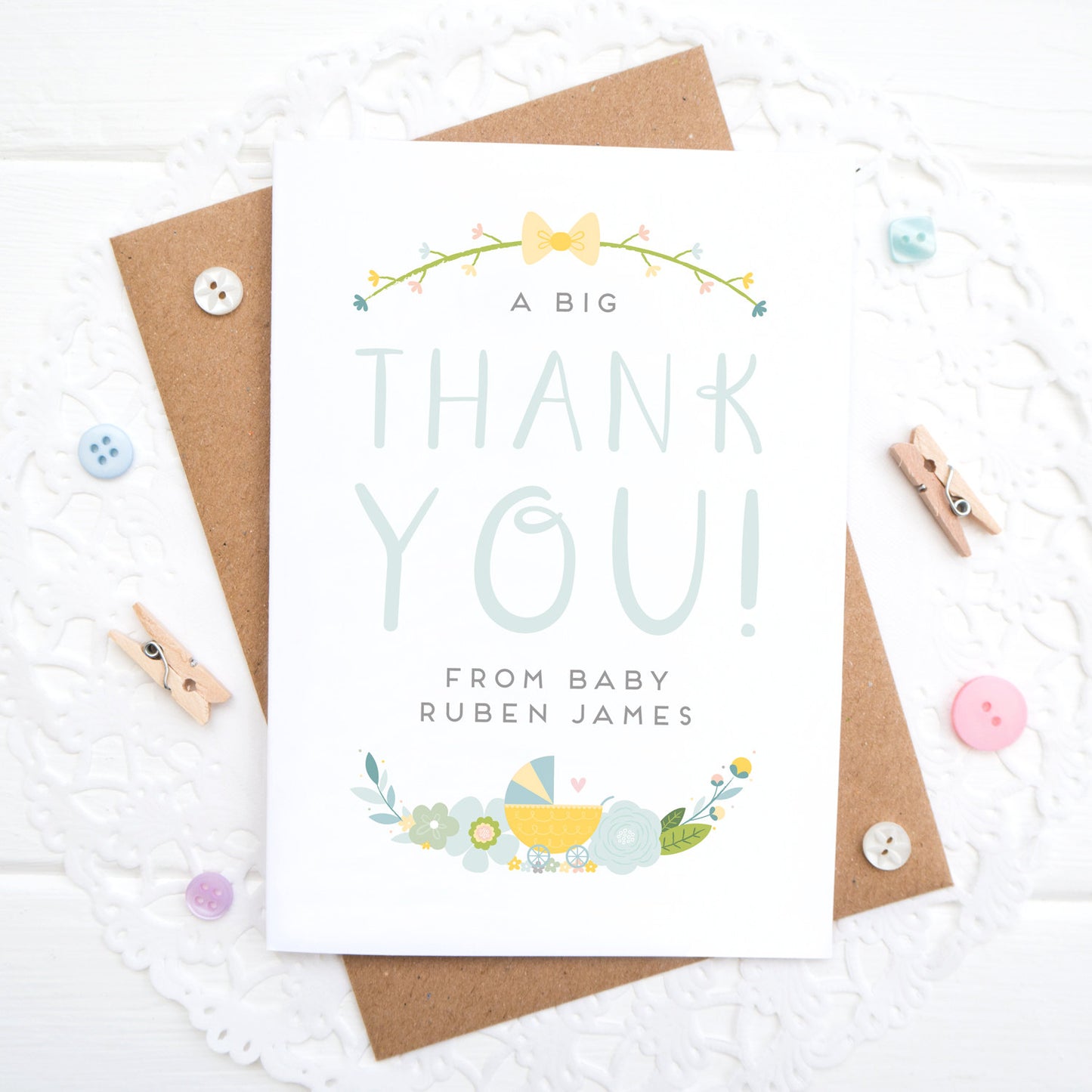 A personalised baby thank you card