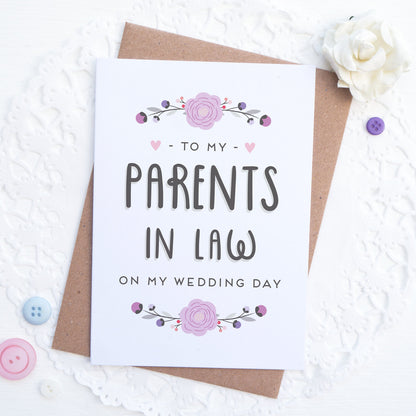 To my Parents in law on my wedding day card in purple