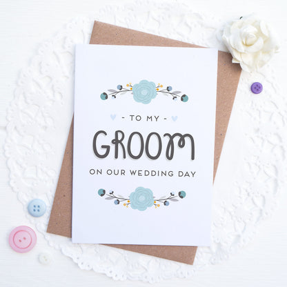 To my groom on our wedding day card in blue